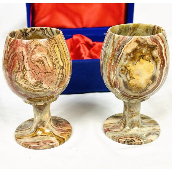 2 Swirly Marble Onyx Stone Goblets In Satin Lined Velvet Box Made in Pakistan - Picture 1 of 7